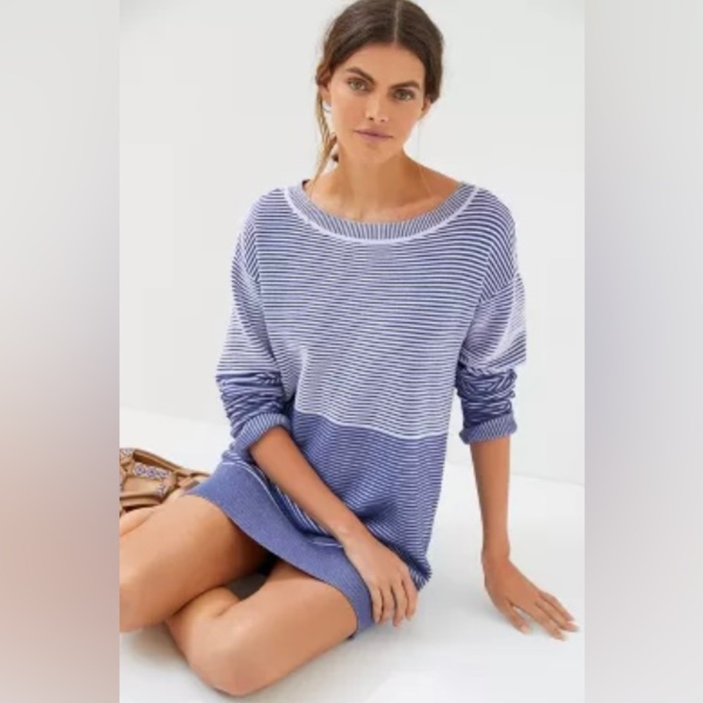 Anthropologie Blue Striped Tunic Sweater Daily Practice.
